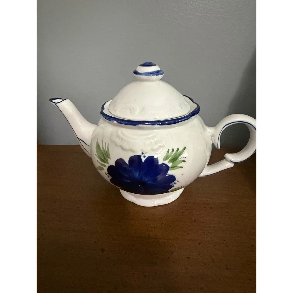 Vintage White Ceramic Teapot Blue Floral Hand Painted Cottagecore Tea Pot Lid